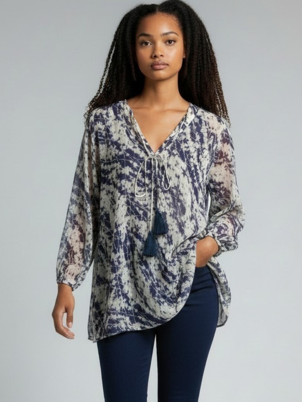 Elizabeth and James Silk Tunic Long Sleeves Sheer Navy Lining Gold Thread Sz XS